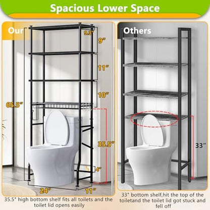 Mlinavn Over-The-Toilet Storage Rack, 4-Tier Bathroom Organizer Shelf Over Toilet with Adjustable Shelf and Basket, Freestanding Space Saver Bathroom Shelves Above Toilet for Room (Black)