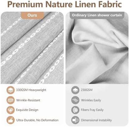 Seenus 72 x 84 inch Extra Long Boho Chic Shower Curtain Heavyweight with Tassels, Grey Linen Textured Fabric Farmhouse Shower Curtain, Elegant Gray & White Striped Bathroom Curtain Water Repellent