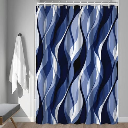 Navy Blue Striped Shower Curtain with Hooks for Bathroom 72x78 Inch