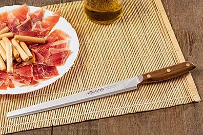 Arcos Slicing Knife | Ham Knife 10 Inch Stainless Steel. Professional Kitchen Knife for Cooking. Ovengkol Wood Handle 100% natural FSC and 250 mm Blade. Series Nordika
