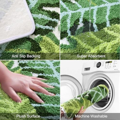 Leaves Bath Mat Green Area Rug Non-Slip Soft Absorbent Bathroom Rugs Machine Washable Bath Rug Floor Carpet Entryway Door Mat for Tub Shower Decor 17.5 X 25.5 Inches