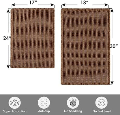 MIULEE Set of 2 Waffle Bathroom Rugs Boho Bath Mat Mocha 17"x24"+18"x30"