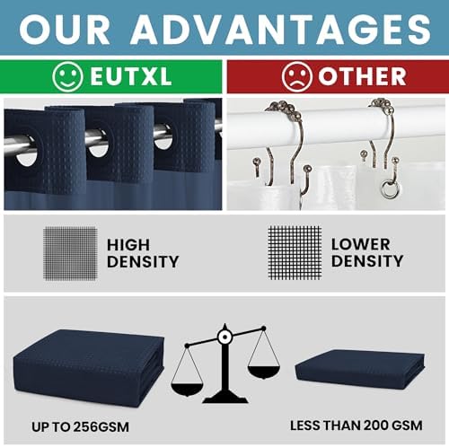 EUTXL Heavyweight No Hook Shower Curtain with Liner, Navy Blue, 54x80