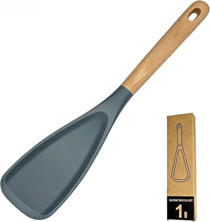 Silicone Cooking Spoon & Spoonula Spatula for Nonstick Cookware, Heat Resistant 600°F Kitchen Utensil, BPA-Free Food-Grade, Solid Wood Handle, Serving Scraping Scooping Stirring （Grey）