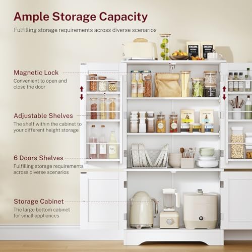 TEENFON 43'H Pantry Cabinet with 4 Doors, Kitchen Cabinet with 6 Door Shelves, Storage Cabinet-Kitchen Pantry for Living Room, Dining Room, Bathroom, White
