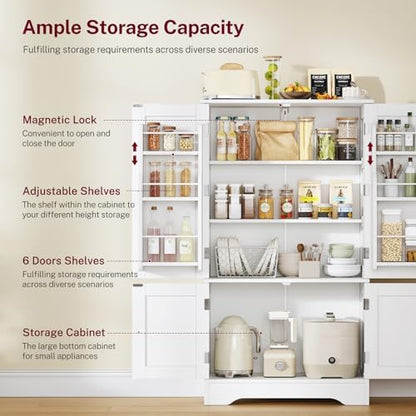 TEENFON 43'H Pantry Cabinet with 4 Doors, Kitchen Cabinet with 6 Door Shelves, Storage Cabinet-Kitchen Pantry for Living Room, Dining Room, Bathroom, White