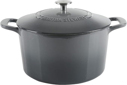 MARTHA STEWART Gatwick 7-Quart Enamel Cast Iron Dutch Oven – Classic Grey – Durable Heavy-Duty Dutch Oven for Slow Cooking, Braising & Baking