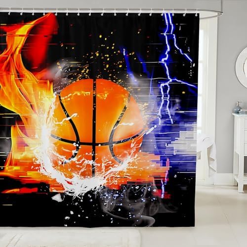 jejeloiu Basketball Bath Curtain Boys Girls 72"x78" Ice Fire Shower Curtain for Kids Women Men Waterproof Gaming Sports Bathroom Shower Curtain Set Gift for Basketball Lover