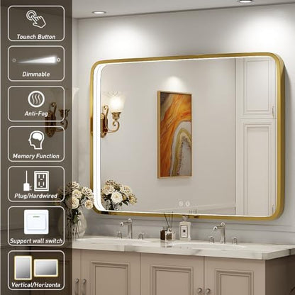 40x30 Inch Gold Frame LED Bathroom Mirror,ETL Listed