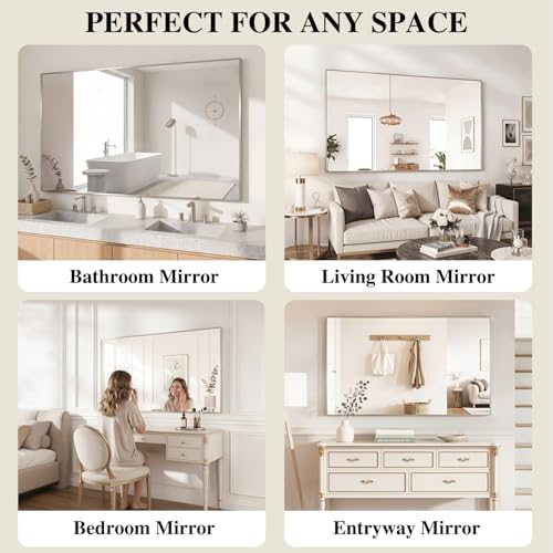 Koonmi Silver Rectangle Wall Mirror, 30x30 Inch Bathroom Mirror, Aluminum Frame Vanity Mirror for Entryway, Living Room, Bedroom Bathroom, Hangs Horizontally or Vertically