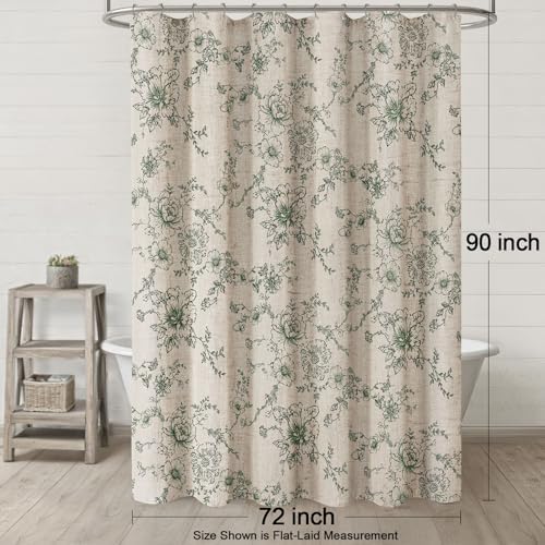 Farmhouse Floral Vintage Shower Curtain for Bathroom, Green and Tan Taupe