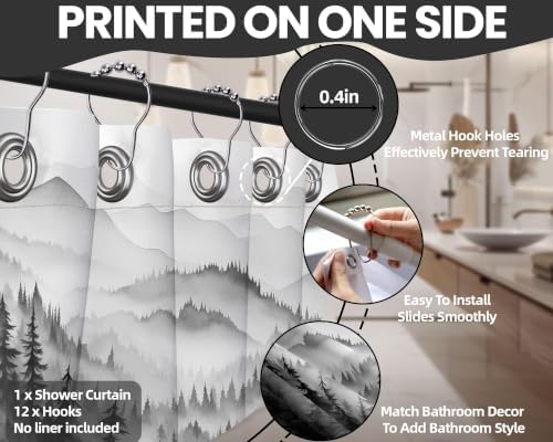 Black and White Forest Shower Curtain, 60X72 in, Mens Mountain Nature