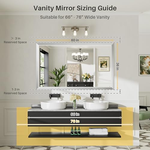 Briivue Bathroom Wall Mirror, Silver Brushed Nickel Metal Frame, 60x36 Inch