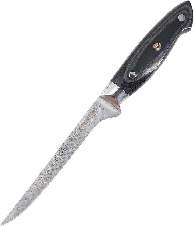 Ketuo Professional Chef Knife Damascus Carbon Steel with Laser Pattern Blade and Black Pakka Wood (7 Inch Boning Knife)