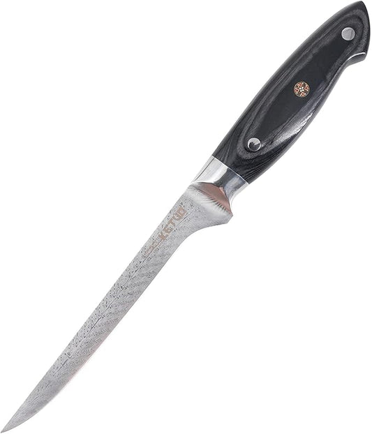 Ketuo Professional Chef Knife Damascus Carbon Steel with Laser Pattern Blade and Black Pakka Wood (7 Inch Boning Knife)