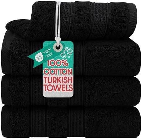 American Soft Linen Salem 100% Cotton Turkish 4 Piece Hand Towels for Bathroom, 600 GSM Soft Absorbent Quickdry Hand Face Towel Set, Black