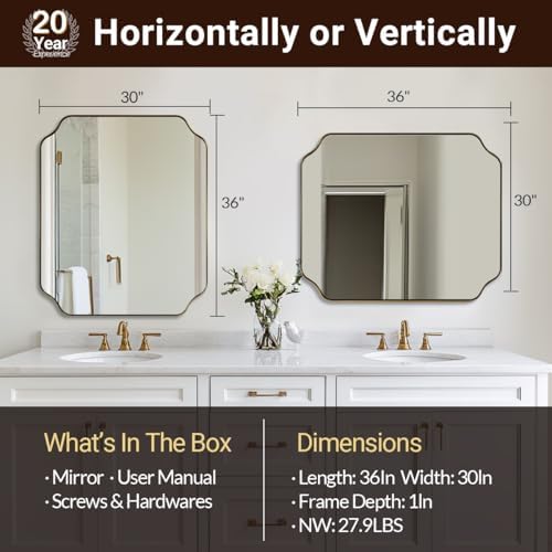 ANDY STAR 30"x36" Gold Bathroom Mirror, Brushed Brass Rectangle Mirror for Bathroom, Scalloped Vanity Mirror in Anti-Rust Stainless Steel Metal Thin Frame, Wall Mount Vertical or Horizontal