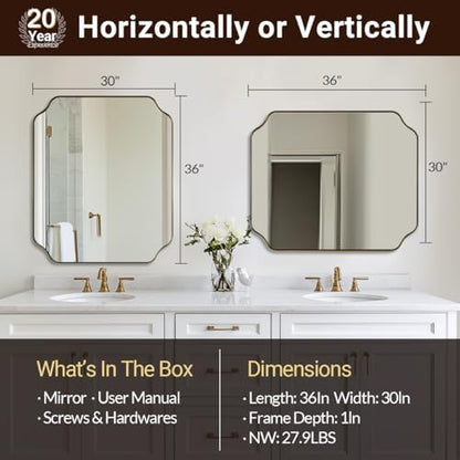 ANDY STAR 30"x36" Gold Bathroom Mirror, Brushed Brass Rectangle Mirror for Bathroom, Scalloped Vanity Mirror in Anti-Rust Stainless Steel Metal Thin Frame, Wall Mount Vertical or Horizontal