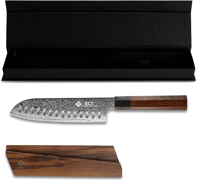 BGT Kiritsuke Knife, 8 inch Japanese Chef Knife, Japanese 67 Layer VG-10 Damascus Steel Kitchen Knife with Ebony Wood Handle and Gift Box. (Santoku knife)