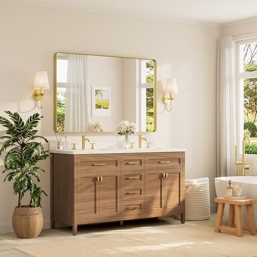 TETOTE 55 x 36 Inch Bathroom Mirror, Brushed Brass Gold Vanity Mirror, Modern Rectangle Metal Frame Decorative Wall Mirror for Entryway Shatterproof (Horizontal/Vertical)