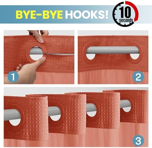 SORTTO No Hook Waffle Shower Curtain with Snap in Liner Set, 71x74, Coral