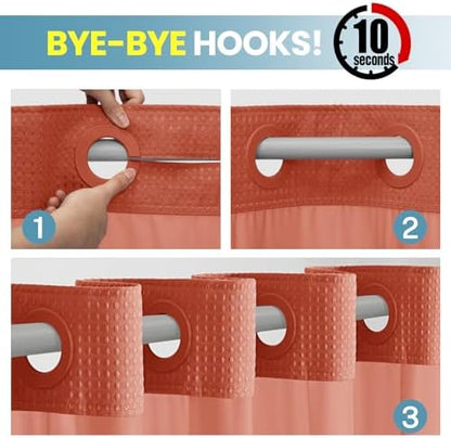 SORTTO No Hook Waffle Shower Curtain with Snap in Liner Set, 71x74, Coral
