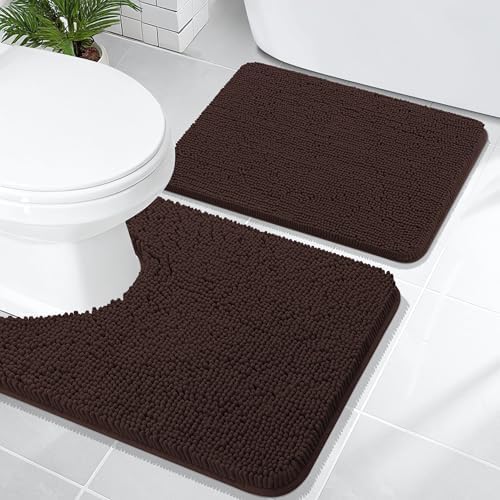OLANLY Chenille Bathroom Rugs Mats Sets 2 Piece, 24"x16"+24"x20", Brown
