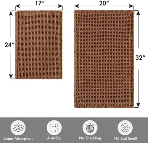 MIULEE Set of 2 Waffle Bathroom Rugs Boho Bath Mat Caramel 17"x24"+20"x32"