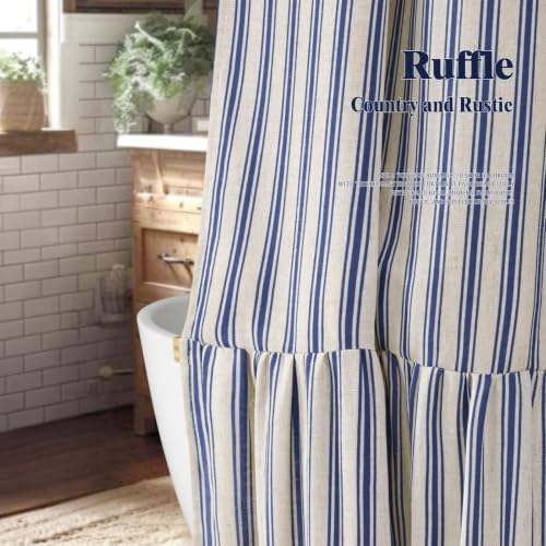 Farmhouse Shower Curtain Ruffle Linen Cream-Blue Stripe 72"W x 96"L