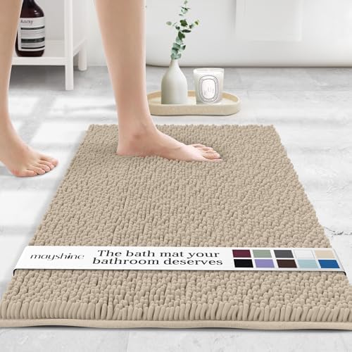 MAYSHINE Small Plush Shaggy Chenille Bath Mat 23"x14"| Extra Soft, Super Absorbent, Non-Slip Bathroom Rug | Fluffy Microfiber, Area Rug Sets for Bathroom Floor, Kitchen, Living Room |Beige