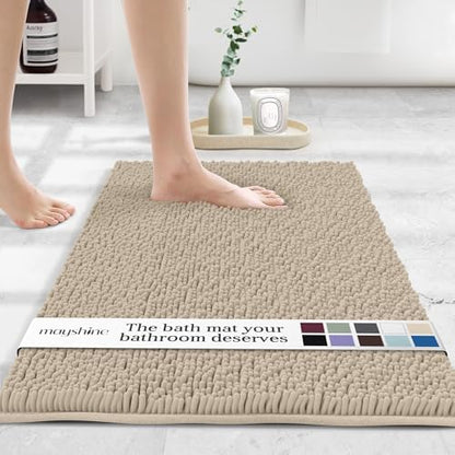 MAYSHINE Small Plush Shaggy Chenille Bath Mat 24"x17"| Extra Soft, Super Absorbent, Non-Slip Bathroom Rug | Fluffy Microfiber, Area Rug Sets for Bathroom Floor, Kitchen, Living Room | Beige