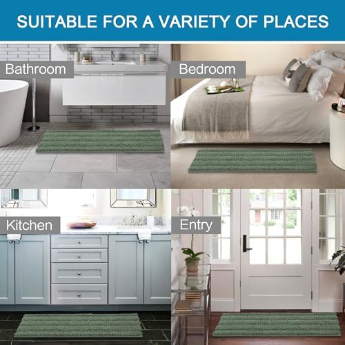 H.VERSAILTEX 2 Piece Bathroom Rugs Bath Mats Sets Super Absorbent Chenille Striped Bath Mats Non Skid Machine Wash Dry Rugs for Bathroom Floor (Green Bay, 47 x 17 Plus 17 x 24 - Inches)