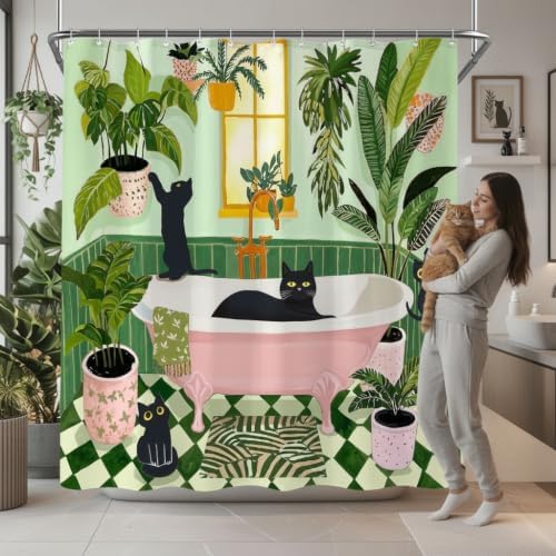 Fowocu Funny Cat Shower Curtain for Bathroom Green 72x 84Inch