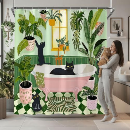 Fowocu Funny Cat Shower Curtain for Bathroom Green 72x 84Inch