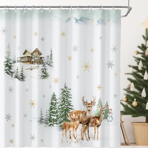 Christmas Winter Forest Shower Curtain for Bathroom 72W*72H Inch Snowman Deer Snowflake Rustic Xmas Pine Tree Farmhouse Country Holiday Decorations Bathtub Decor Waterproof Polyester Fabric Set