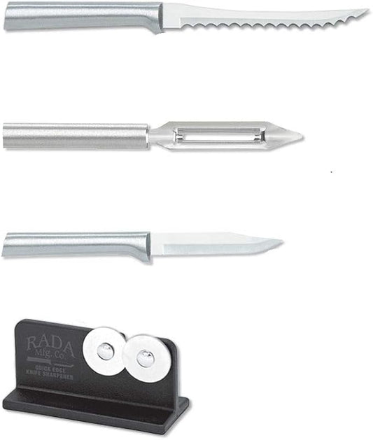 Rada Cutlery Peel, Pare & Slice Gift Set (S18) with Quick Edge Sharpener (R119), 3-piece Knife Set and Knife Sharpener, Stainless Steel Blades, Silver Handle