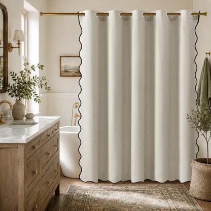 Furlinic No Hook Scalloped Shower Curtain Beige Linen Modern Neutral 72x75