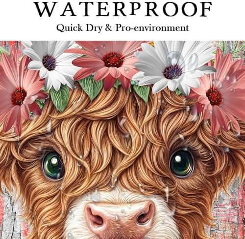Funny Highland Cow Shower Curtain for Bathroom, Western Rustic Wood Farmhouse Bull Pink Floral Butterfly Country Flower Plant Art Printed Fabric Polyester Waterproof 12 Pack Plastic Hooks 70X70in