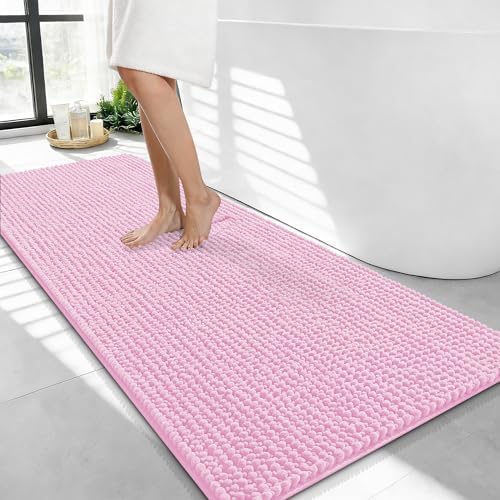 OLANLY Thick Chenille Bathroom Runner Rugs 44x24, Absorbent Bath Mat, Pink