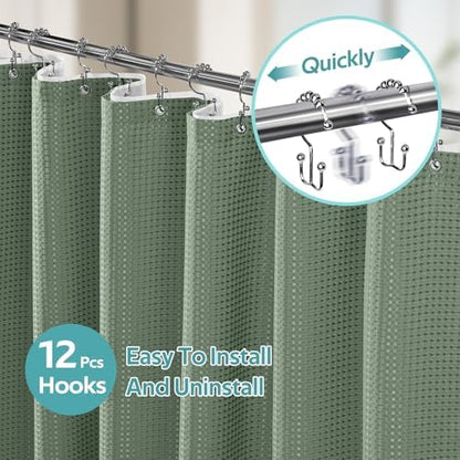 Vipfree 3 in 1 Shower Curtain Set, Waffle Shower Curtain and Liner Set with 12 Double Sided Shower Curtain Hooks, 258GSM Luxury Weighted Cloth Shower Curtains for Bathroom, 72 W x 72 H, Sage Green