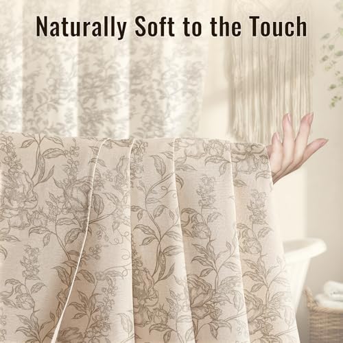 Farmhouse Beige Floral Shower Curtain with 12 Clear Rings 72"W x 84"L