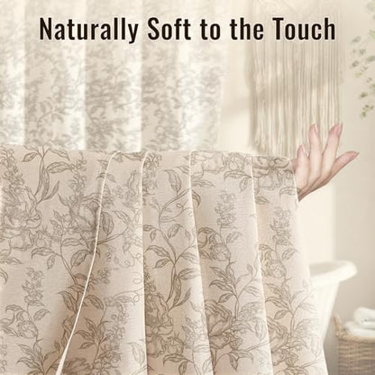 Farmhouse Beige Floral Shower Curtain with 12 Clear Rings 72"W x 84"L