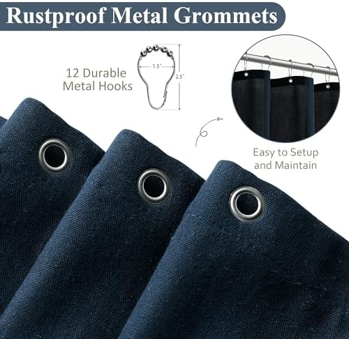Naturoom Linen Shower Curtain 80 Inch Long for Bathroom Navy Blue 1 Panel