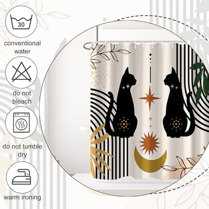 AWERT Boho Mid Century Shower Curtain Cute Cat Shower Curtain for Bathroom with Hooks Minimalist Abstract Fabric 72x78inch