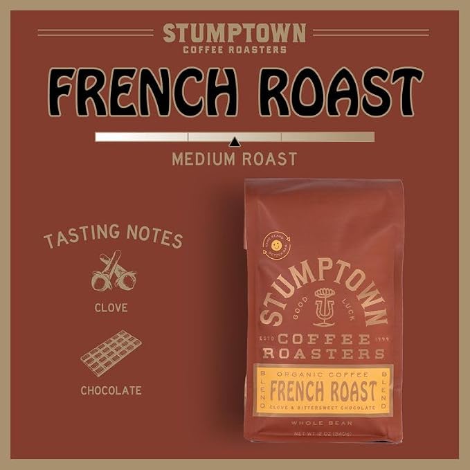 Stumptown Coffee Roasters, Dark Roast Organic Whole Bean Coffee - French Roast 12 Ounce Bag with Flavor Notes of Clove and Bittersweet Chocolate (Pack of 2)
