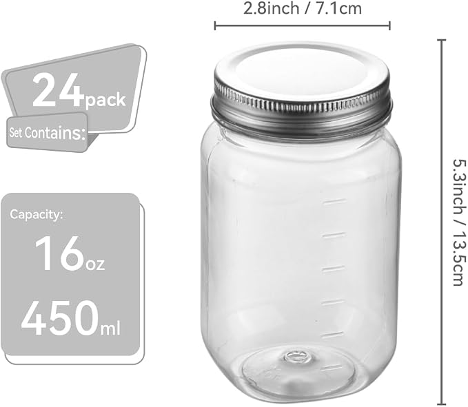 16 OZ Mason Jars Plastic Clear Storage Containers with Lids Empty Refillable Airtight Container for Home Kitchen (Silver, 24 Pack)