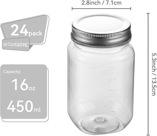 16 OZ Mason Jars Plastic Clear Storage Containers with Lids Empty Refillable Airtight Container for Home Kitchen (Silver, 24 Pack)