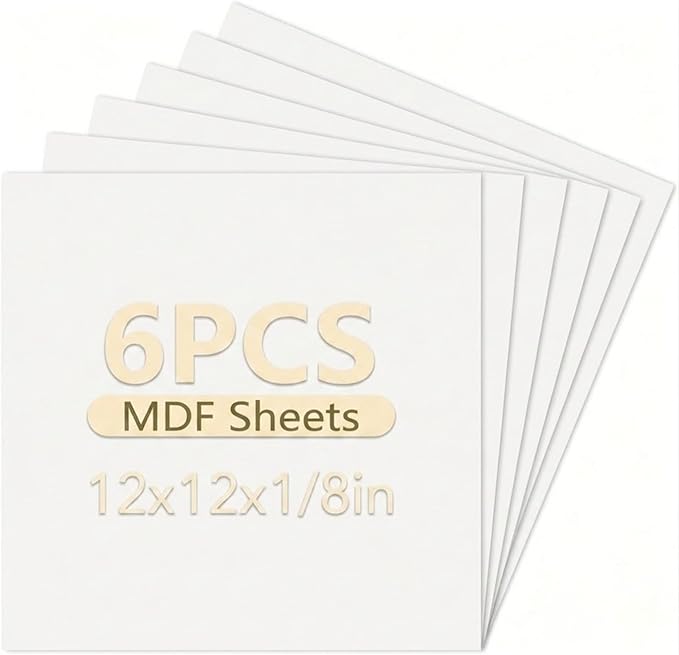 6 Pack Colored MDF Boards for Laser Engraving, 12x12x1/8 (3mm) Unfinished Fiberboard for Laser Cutting, DIY Craft Projects, Home Decor, Sign Making, Woodworking (White)