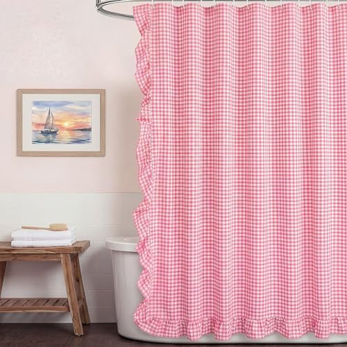 HunnmingRe Ruffled Gingham Shower Curtain Pink