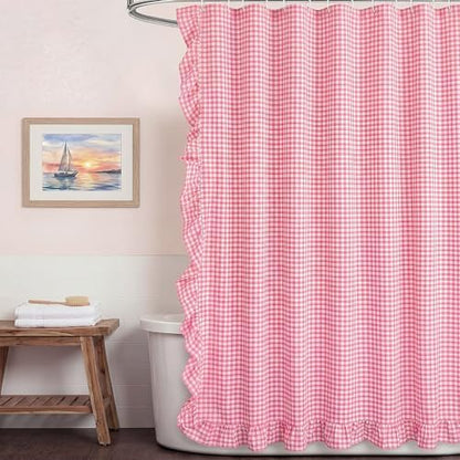 HunnmingRe Ruffled Gingham Shower Curtain Pink